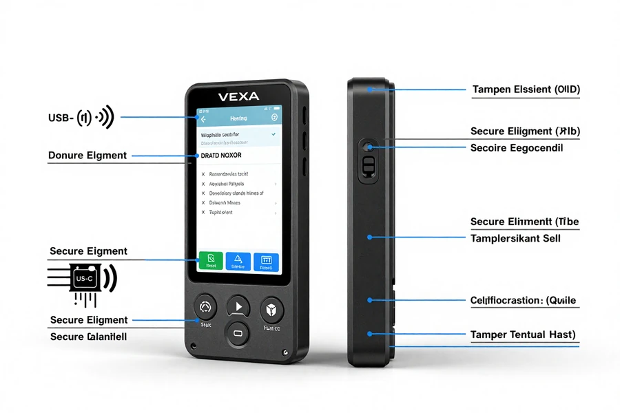 VEXA Wallet technical diagram showing OLED display screen for transaction verification, physical confirmation buttons, USB-C port, and wireless connectivity for air-gapped signing